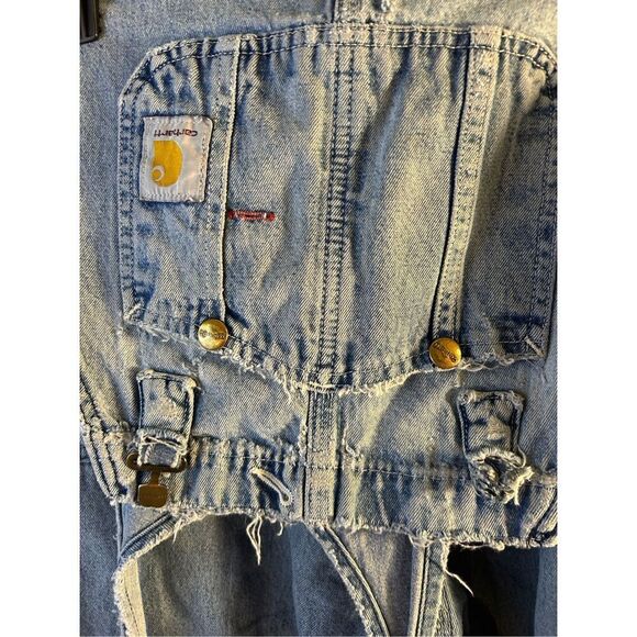 Carhartt 38x28 blue jean denim overalls USA thrashed‎ (missing buckle) rn#14806 - Picture 13 of 14